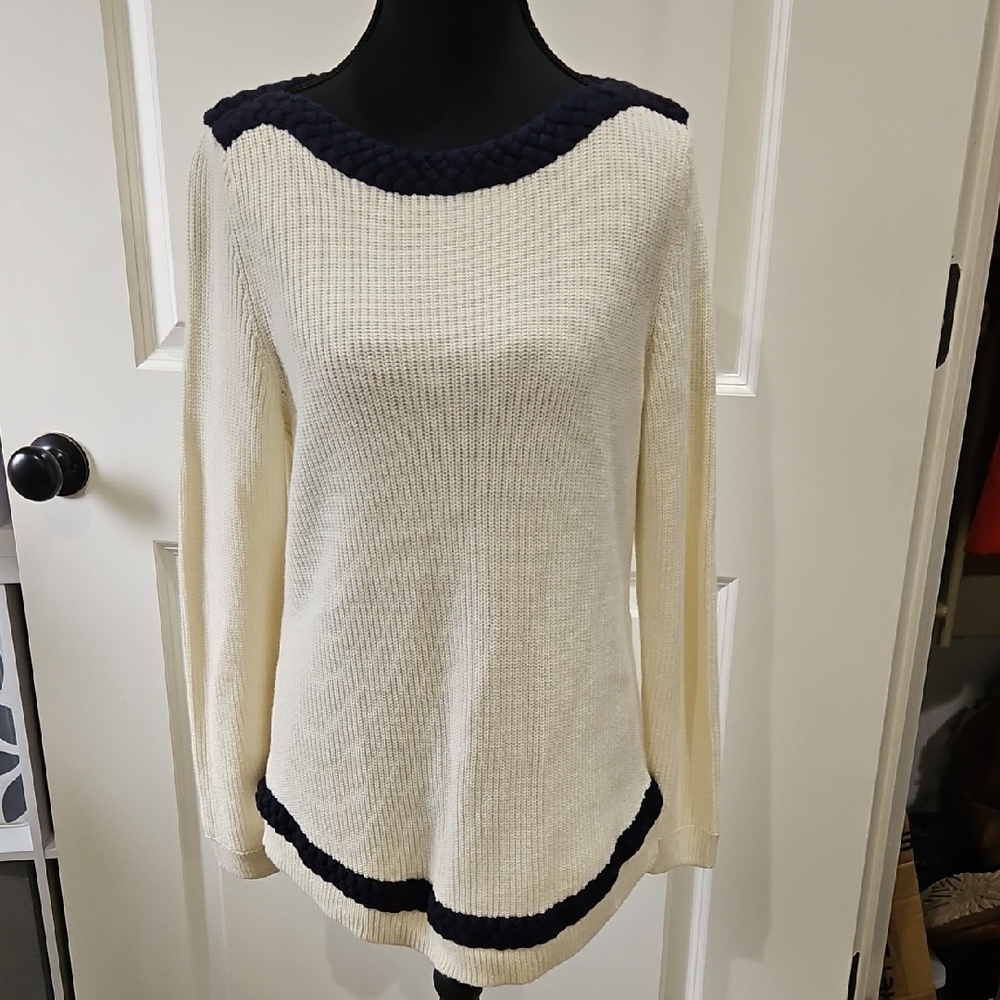 Talbots Cream and Navy Braided collar Crew Neck Sweater